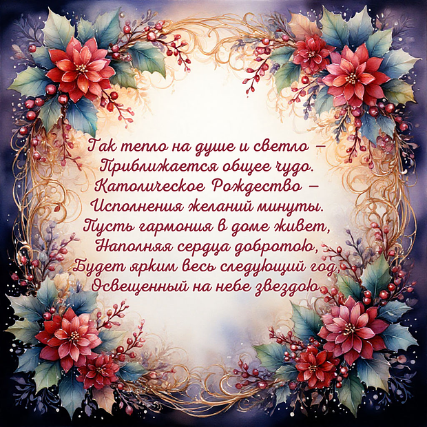 Картинка с поздравлением в стихах на католическое Рождество
