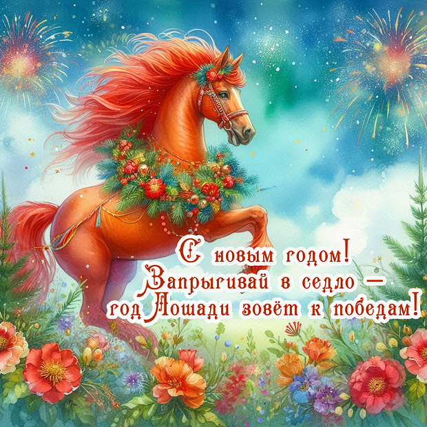 Открытка с Новым годом с пожеланиями 