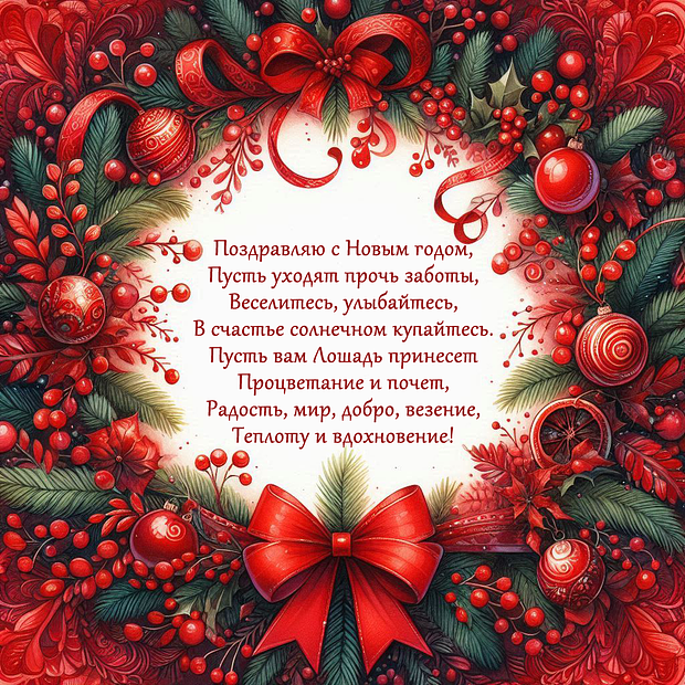 Картинка с поздравлением в стихах на год Красной Лошади
