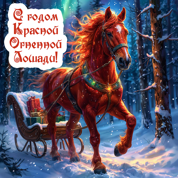 Красивая открытка с годом Красной Лошади 2026