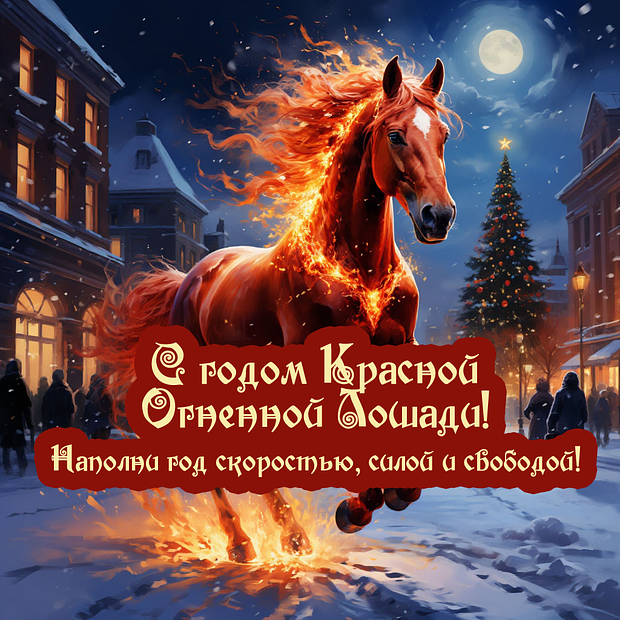 Открытка с годом Красной Лошади с пожеланиями
