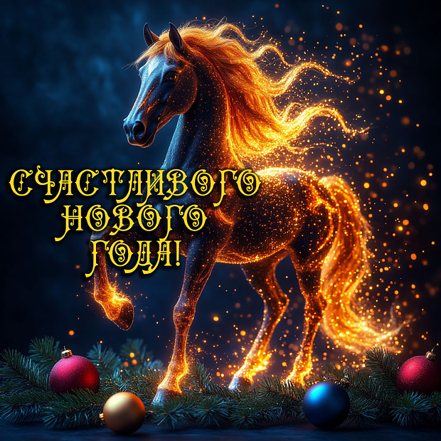 Открытка с годом Красной Огненной Лошади
