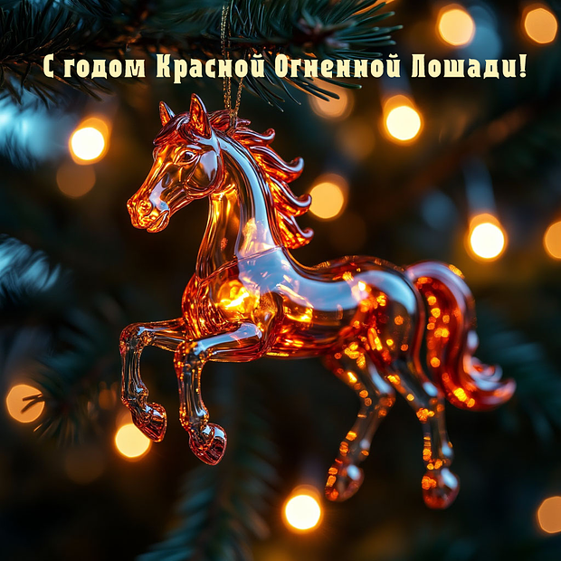 Открытка с годом Красной Лошади с пожеланиями
