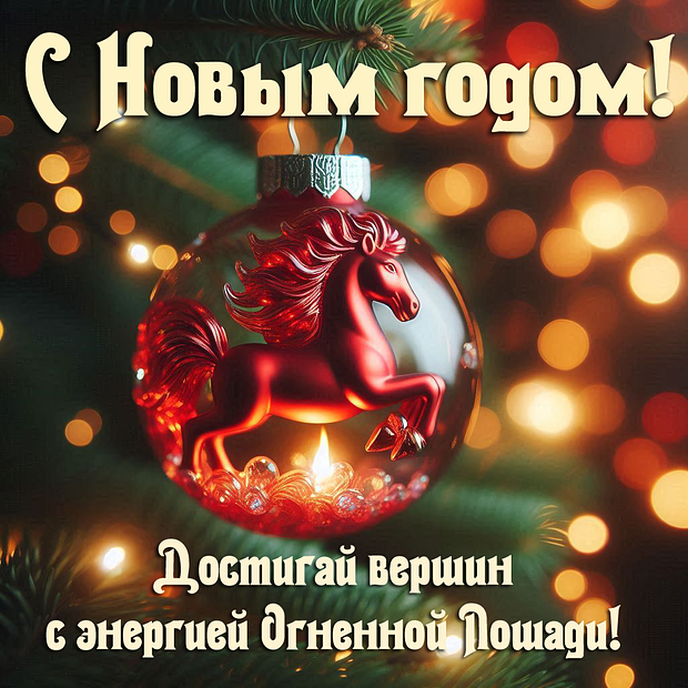Открытка с поздравлением с годом Красной Огненной Лошади
