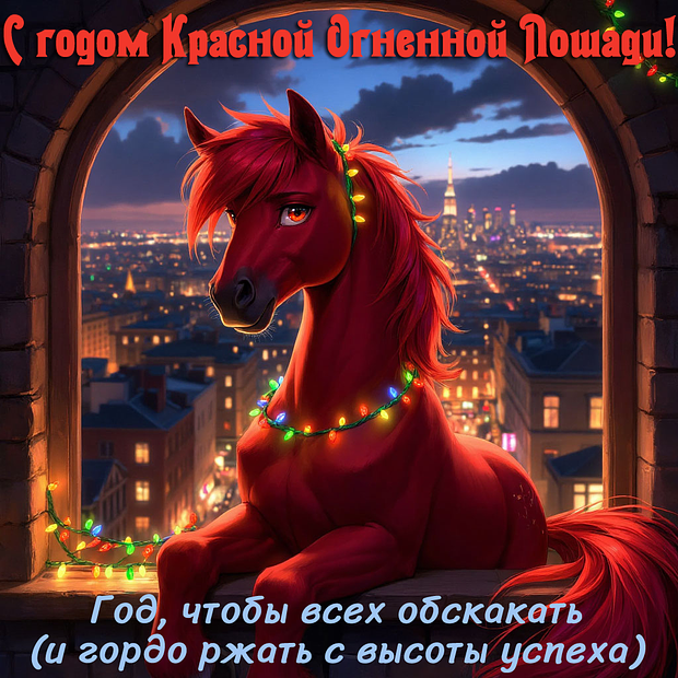 Открытка с годом Красной Огненной Лошади с теплыми словами
