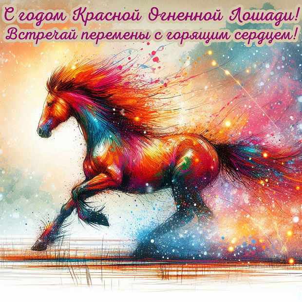 Открытка с душевным поздравлением с годом Красной Огненной Лошади
