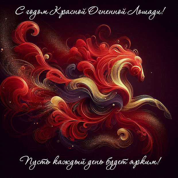 Открытка с годом Красной Лошади с пожеланиями

