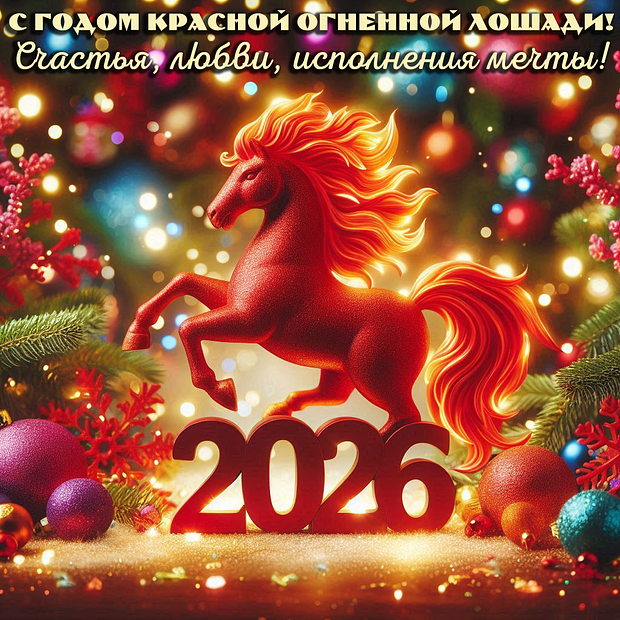 Открытка с поздравлением с годом Красной Огненной Лошади
