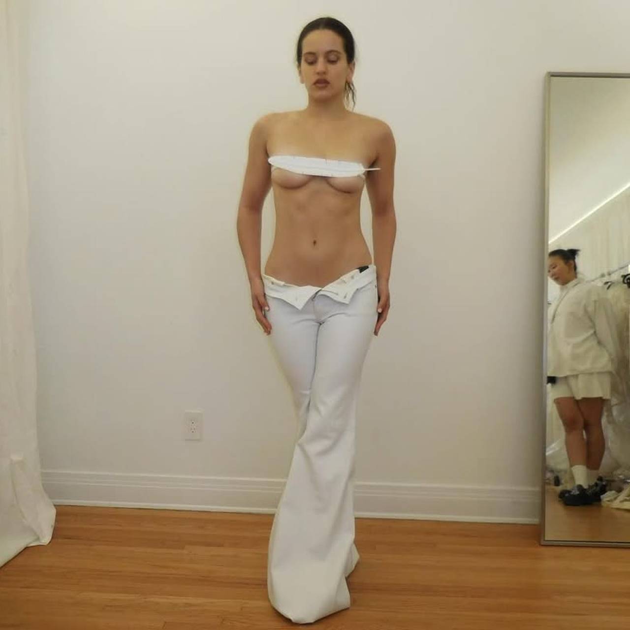 Популярная певица прикрыла голую грудь пером на фото