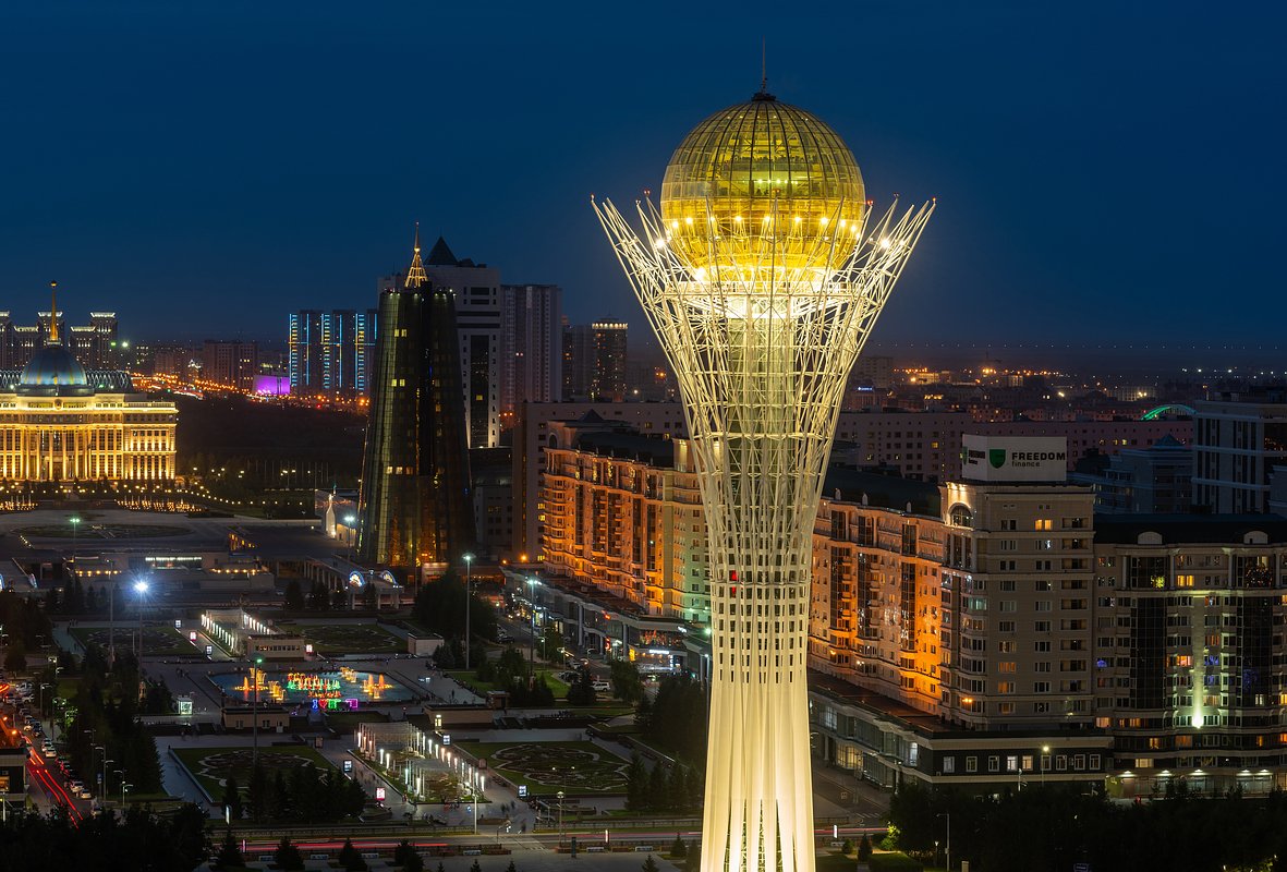 Astana, Kazakhstan. 07.09.2018. Scenic aerial view of the central part of the capital of Kazakhstan, the city of Astana with the residence of the President of Kazakhstan on a summer evening
