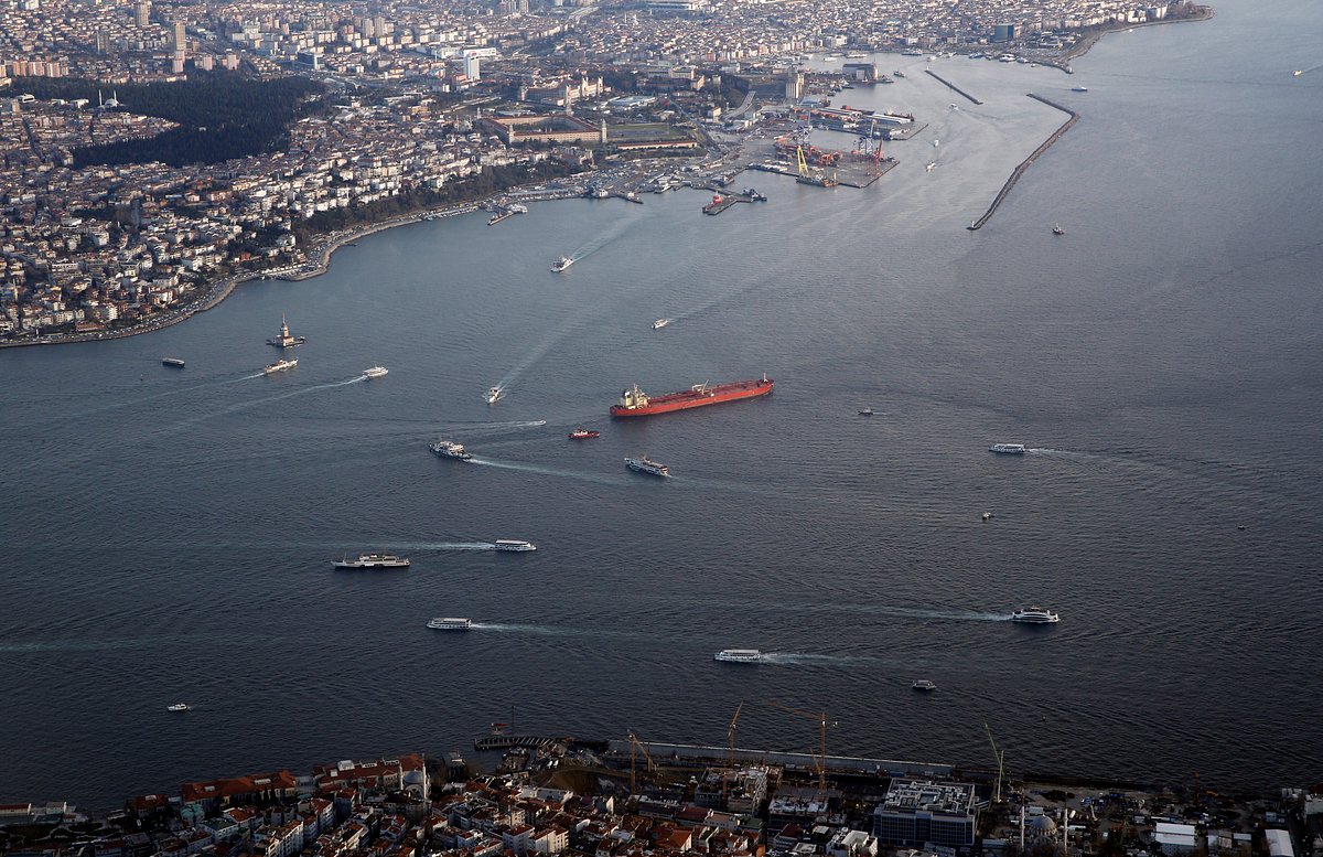 Вид из самолета на порт и пролив Босфор в Стамбуле, Турция, 1 февраля 2019 года