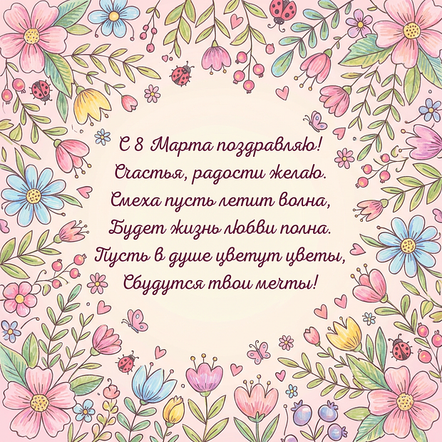 Открытка со стихами на 8 Марта

