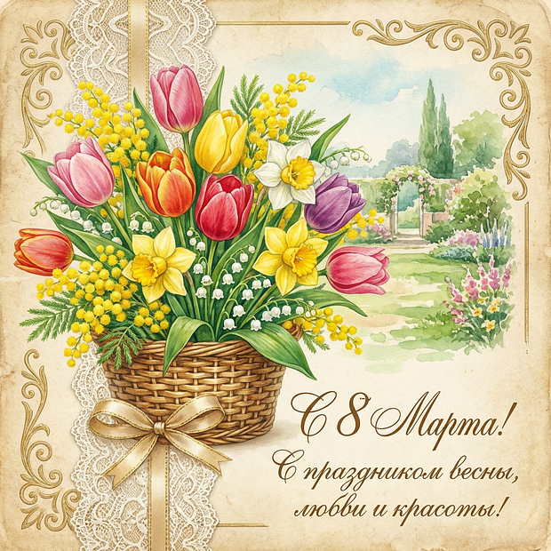 Поздравление с Международным женским днем в открытке
