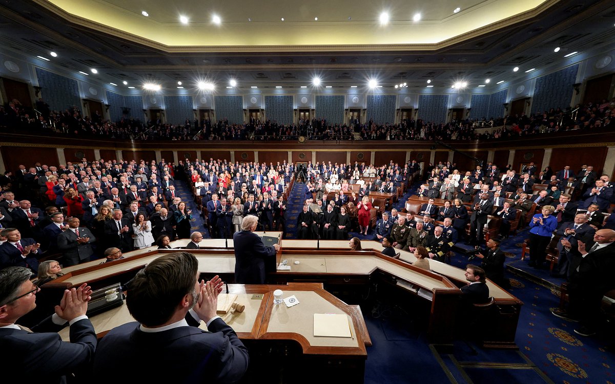 Президент США Дональд Трамп выступает перед конгрессменами в Капитолии, Вашингтон, США, 24 февраля 2026 года