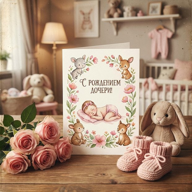 Открытка с поздравлением с рождением дочери

