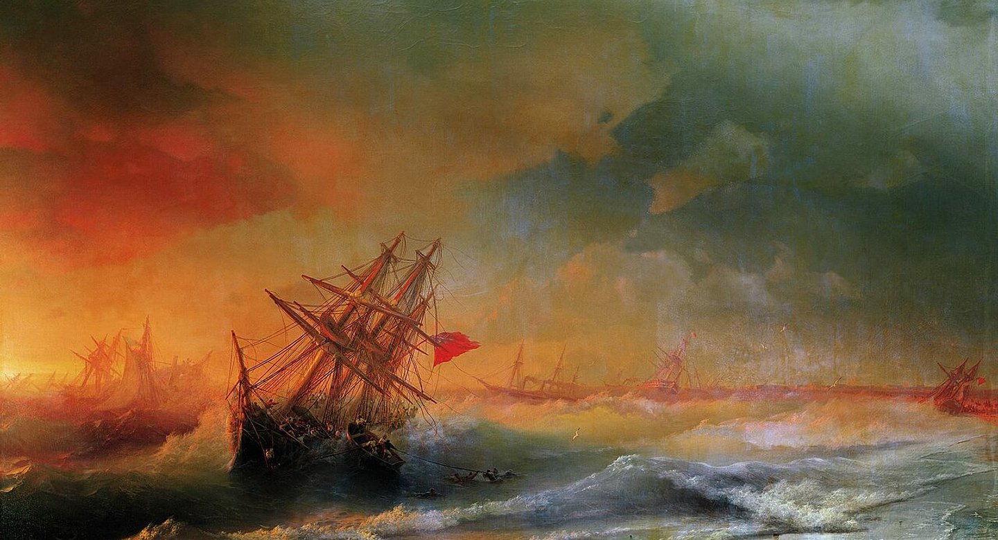 Иван Айвазовский «Буря под Евпаторией 2 ноября 1854 года». Картина посвящена одному из самых памятных событий Крымской войны — гибели парусной флотилии союзнического турецко-англо-французского флота