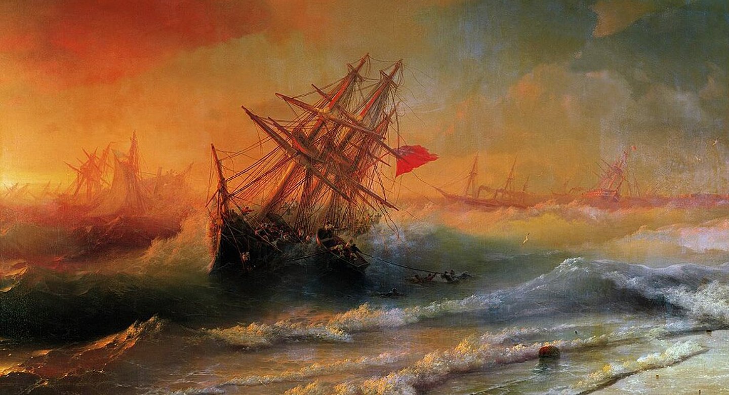 Иван Айвазовский «Буря под Евпаторией 2 ноября 1854 года». Картина посвящена одному из самых памятных событий Крымской войны — гибели парусной флотилии союзнического турецко-англо-французского флота