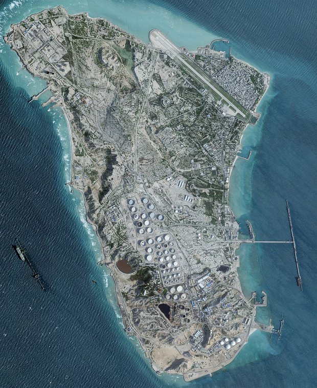 A satellite image shows an oil terminal, in Kharg Island