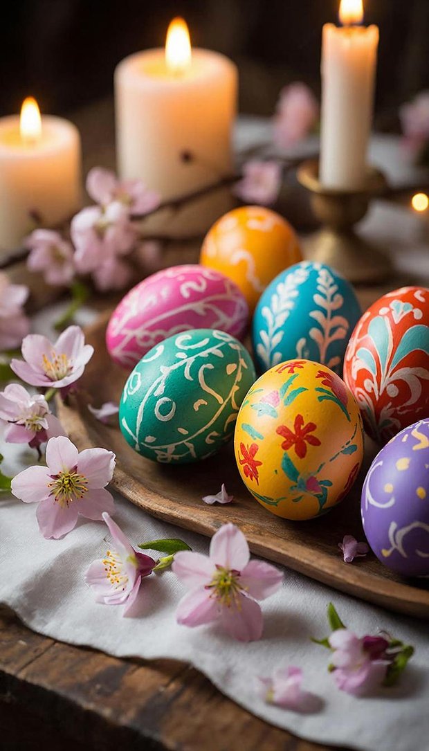 Заставка на телефон с пасхальными яйцами и свечами