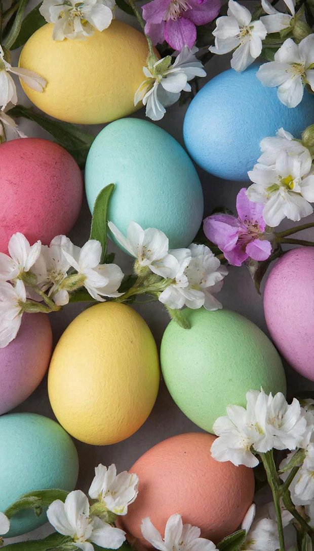 Заставка на телефон на тему Пасхи с крашеными яйцами и цветами