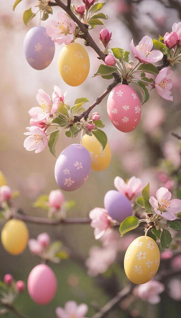 Обои на телефон с пасхальными яйцами и цветущими яблонями