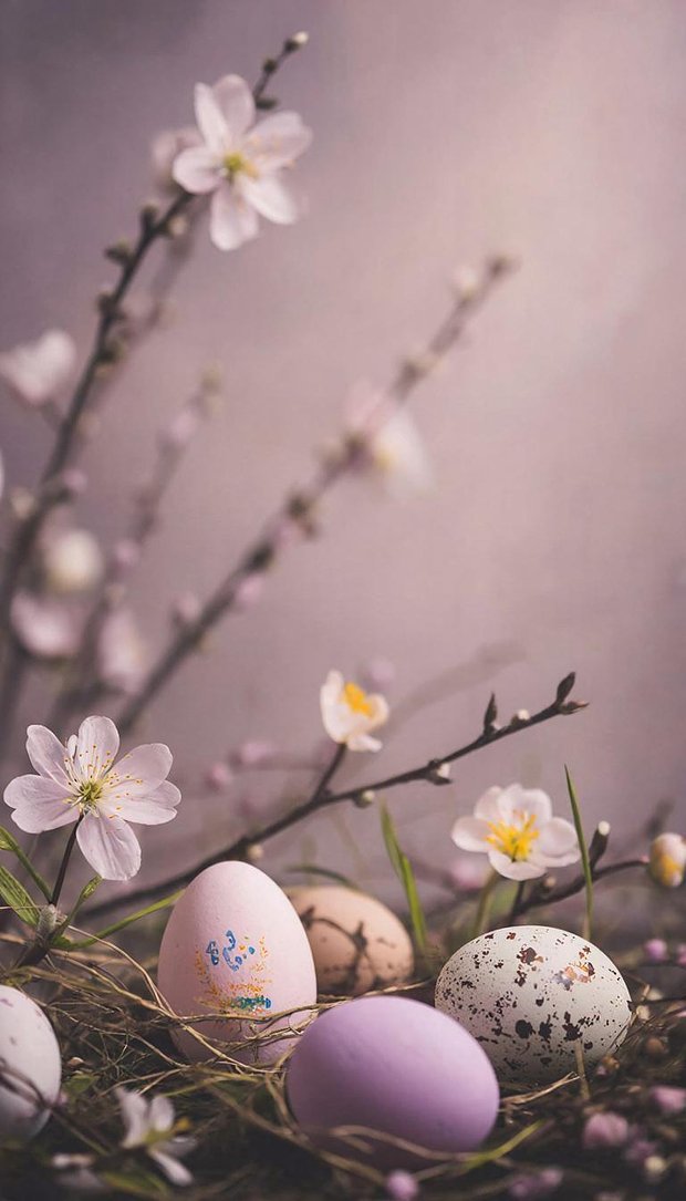 Пасхальная композиция в сиреневых тонах с вербой, весенними цветами и крашеными яйцами для заставки на телефон