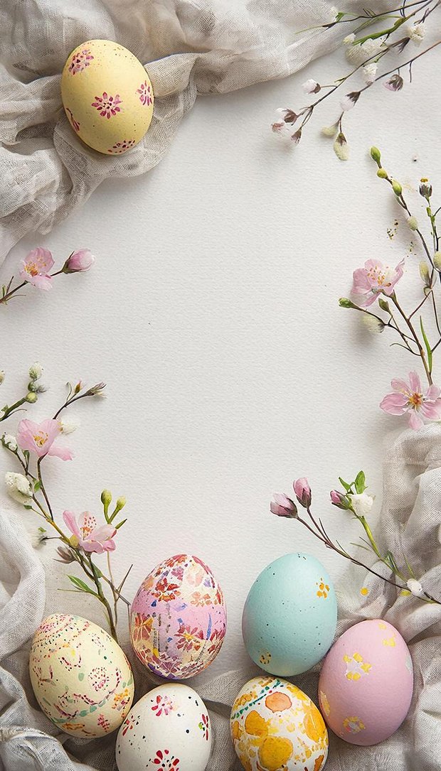 Обои на телефон с композицией из расписных пасхальных яиц