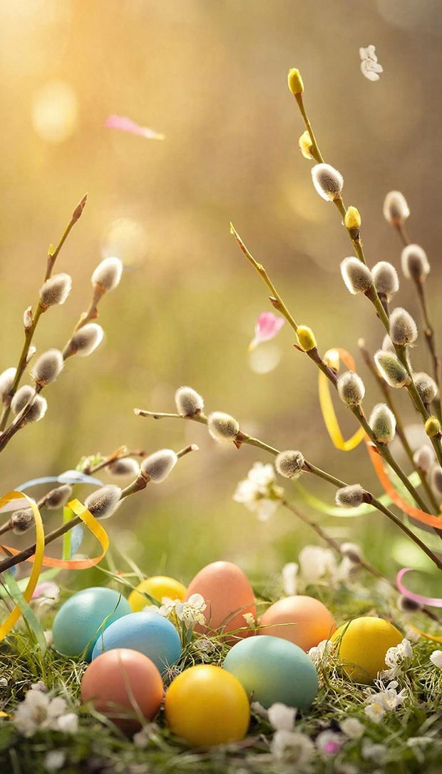 Яркие весенние обои на телефон к Пасхе с крашеными яйцами
