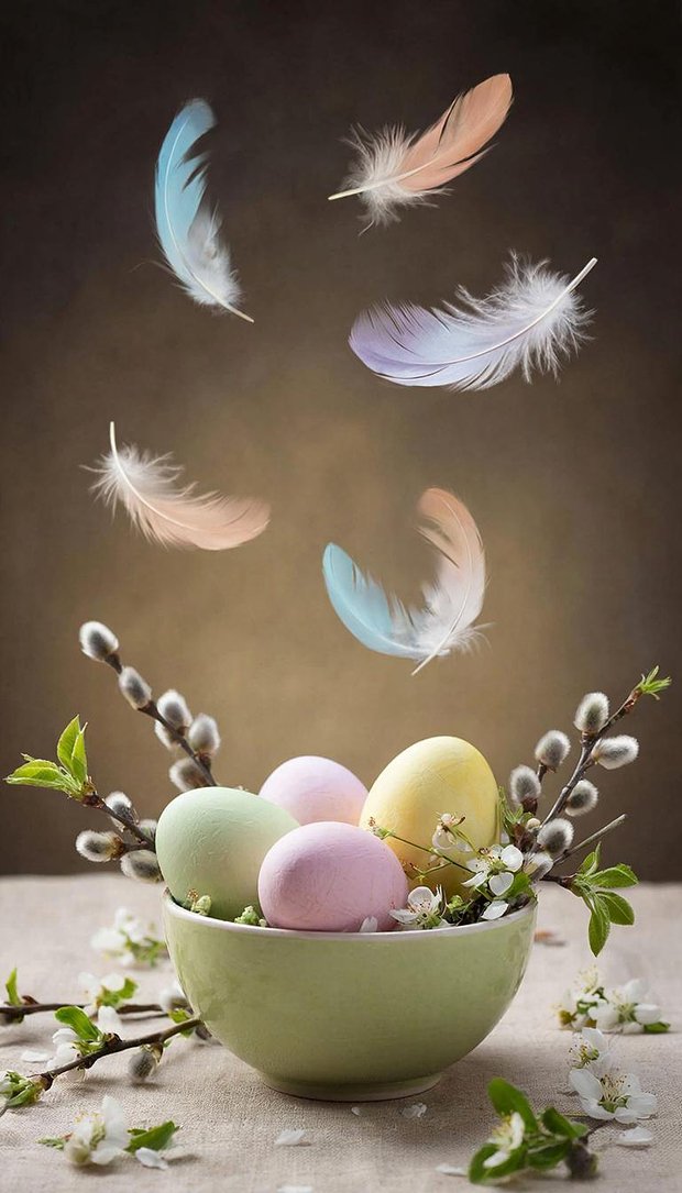 Обои на телефон на пасхальную тему с крашеными яйцами и веточками вербы