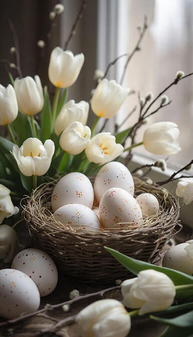 Картинка на Пасху с яйцами в корзинке и букетом тюльпанов