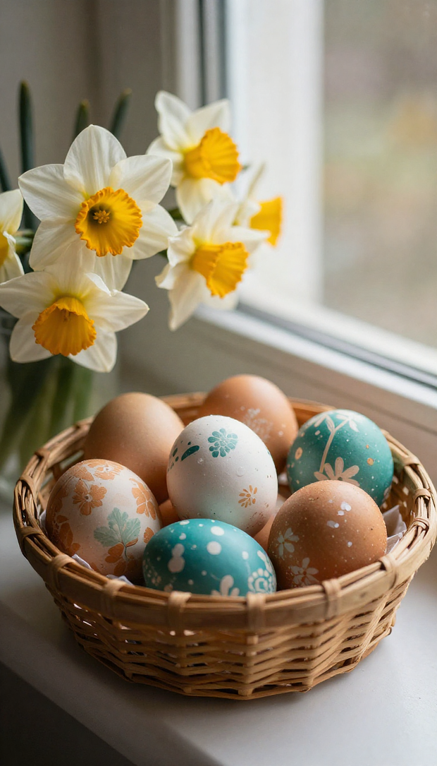 Минималистичные обои на телефон с корзиной, пасхальными яйцами и букетом нарциссов
