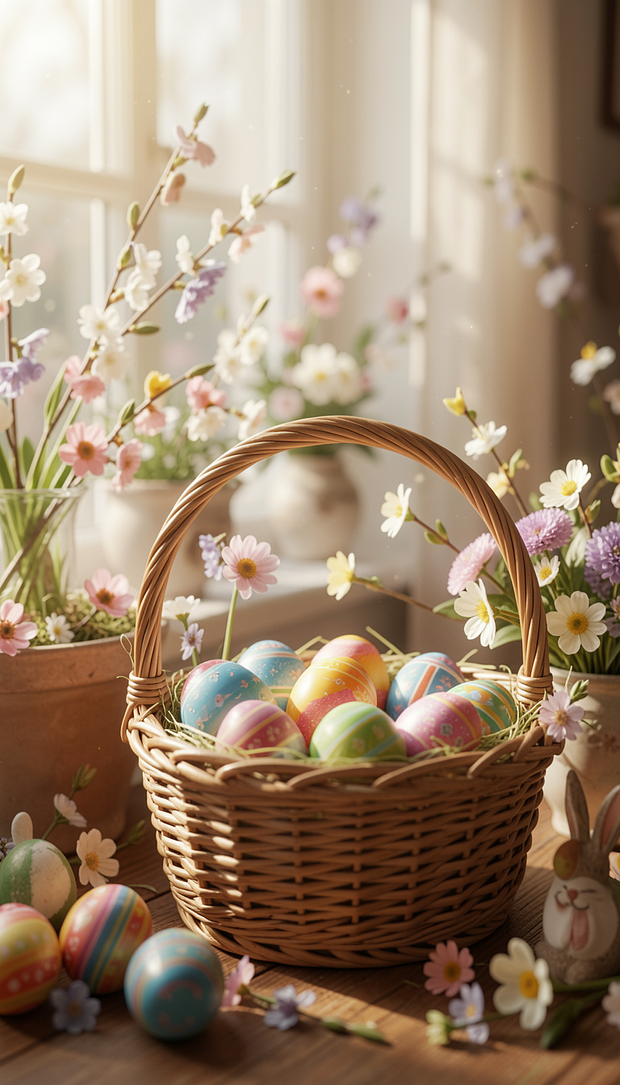 Обои на телефон с весенними цветами, пасхальной корзиной и крашеными яйцами