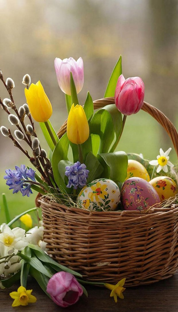 Плетеная пасхальная корзина с букетом тюльпанов для обоев на смартфон