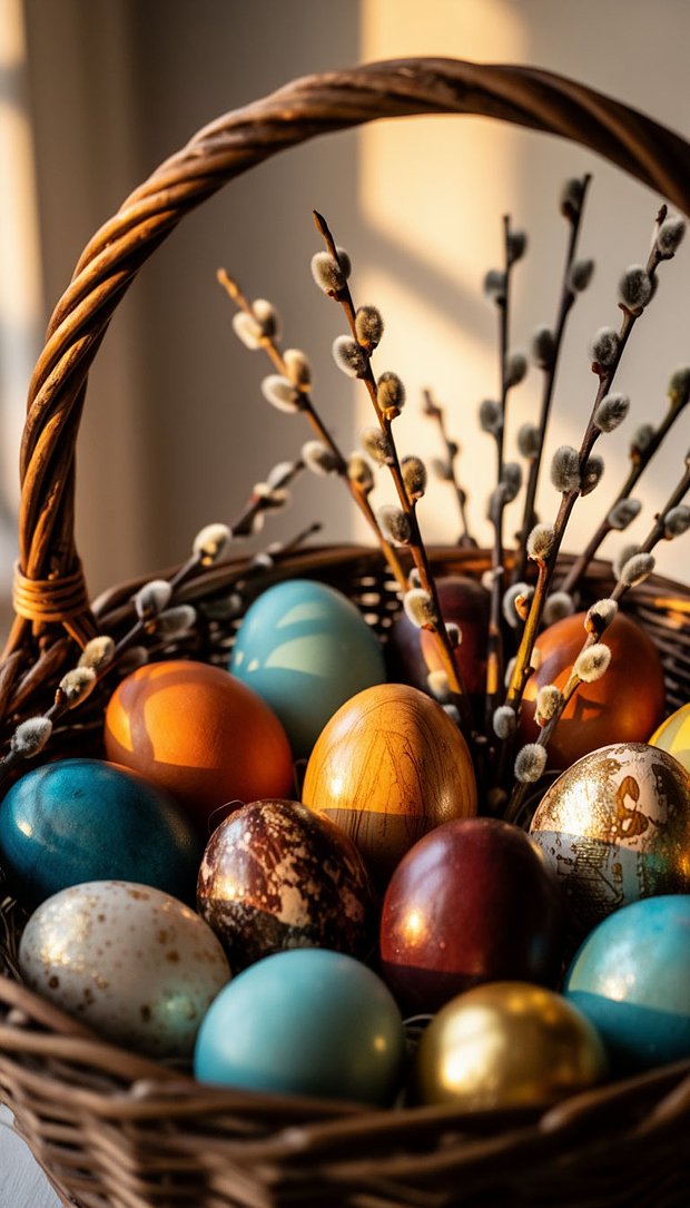 Пасхальная корзина в традиционном стиле с яркими крашеными яйцами и вербой