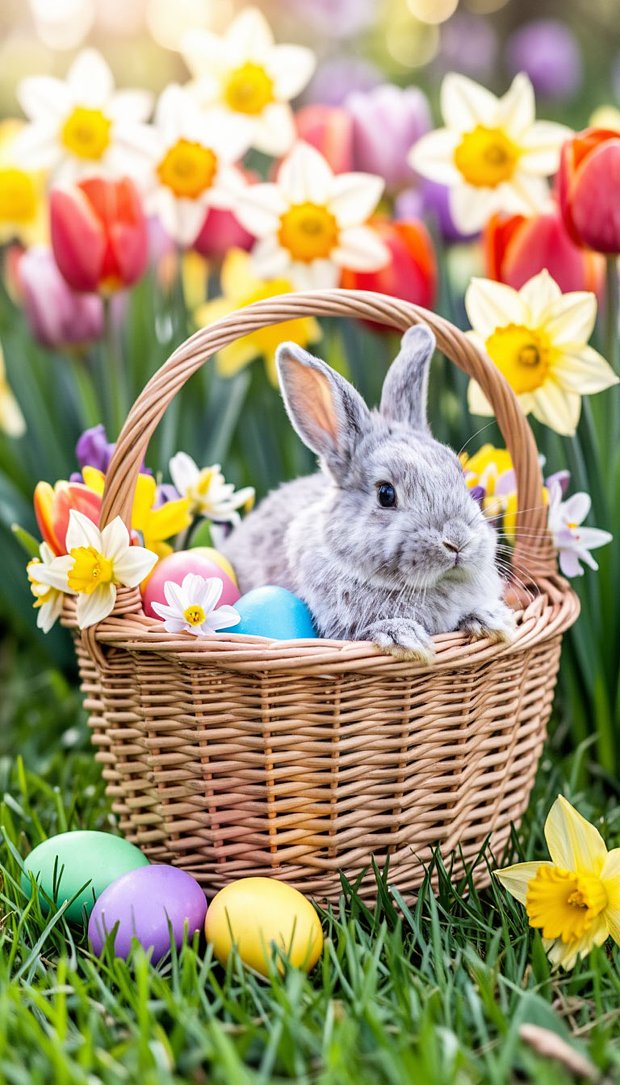 Яркая заставка на телефон на Пасху с кроликом
