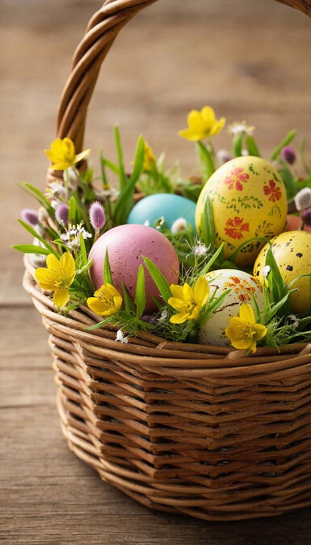 Пасхальная корзина с весенними цветами и расписными яйцами