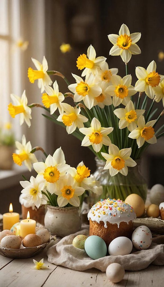 Красивая заставка на телефон с букетом нарциссов и куличом