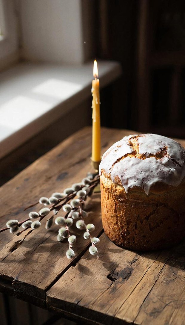 Минималистичные обои на Пасху с куличом и вербой