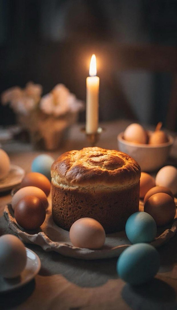 Обои на телефон с куличом и пасхальной свечой в традиционном стиле