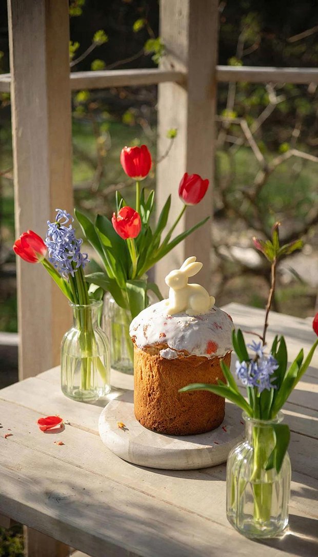 Пасхальная композиция с куличом и букетом тюльпанов для заставки на телефон