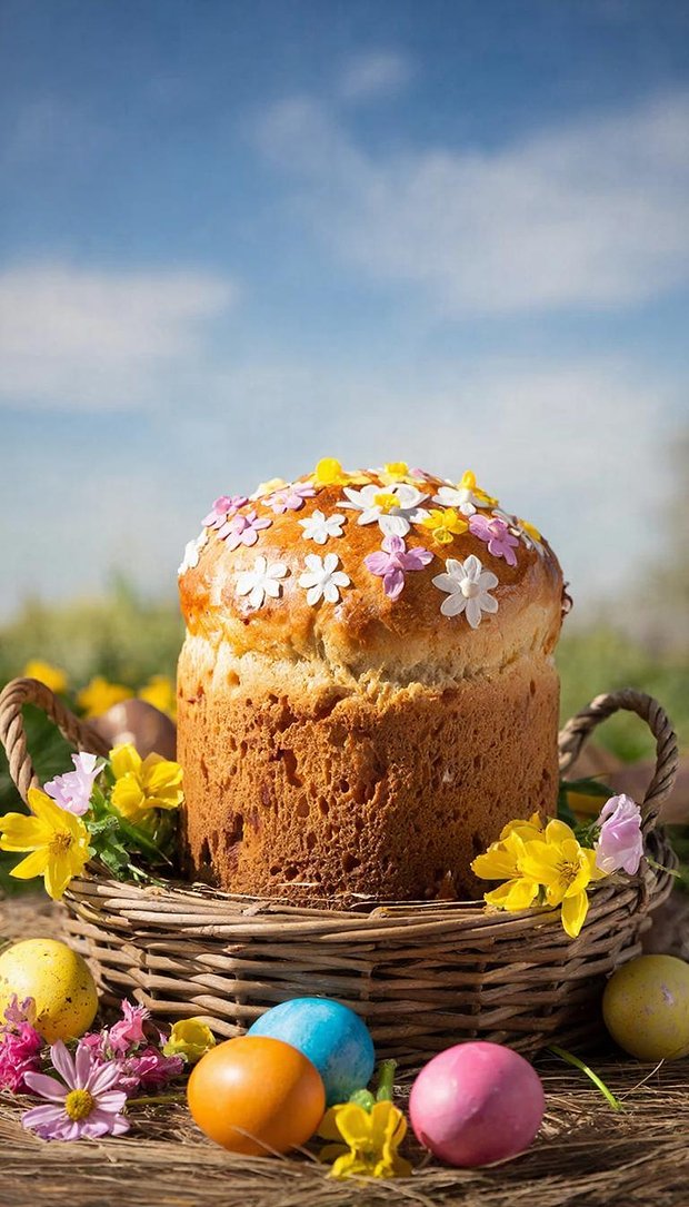 Красиво украшенный кулич и пасхальные яйца