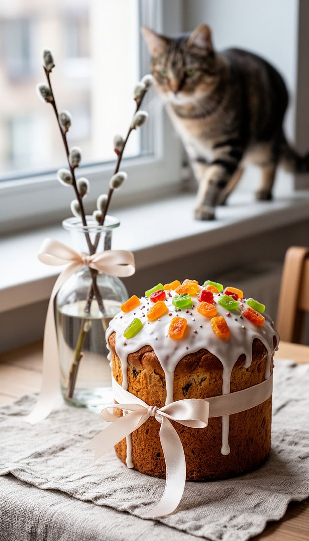 Пасхальные обои на смартфон с куличом и котиком