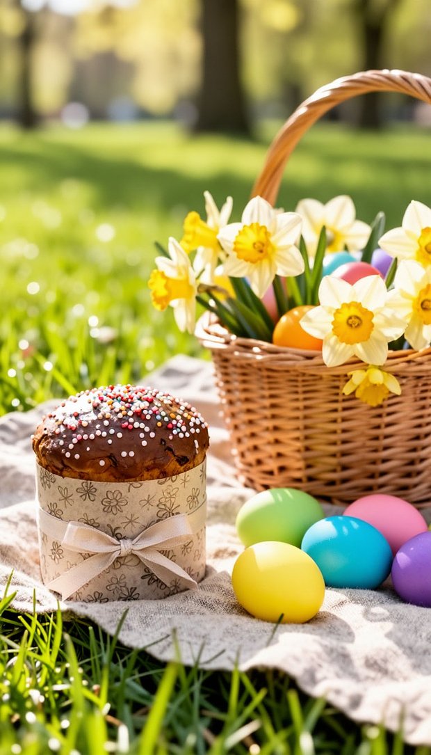 Заставка на телефон с пасхальной корзиной и куличом