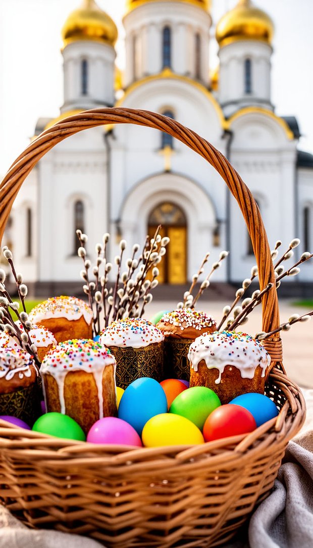 Пасхальная корзина с куличом и яйцами на фоне храма, для заставки на телефон