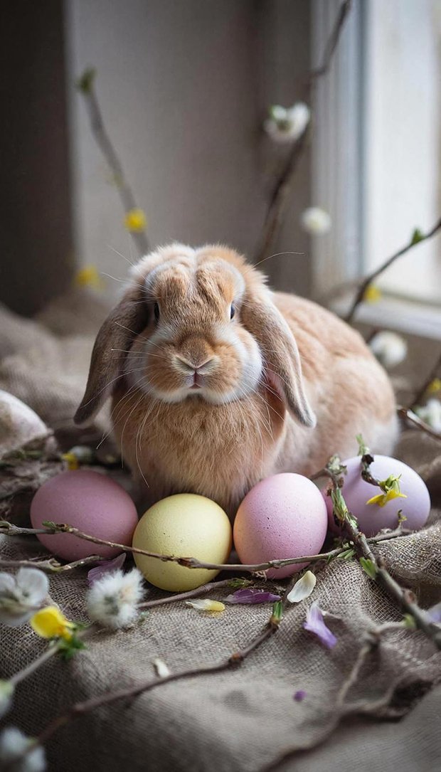 Композиция с пасхальным кроликом и крашеными яйцами