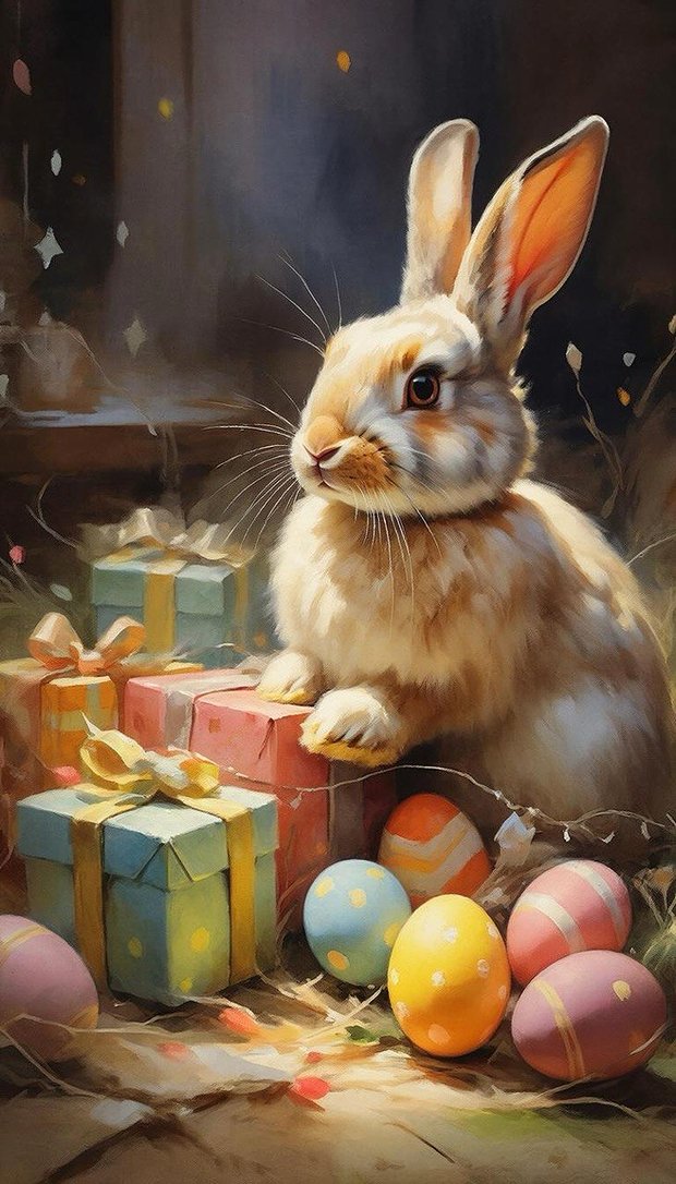 Праздничная открытка с пасхальным зайцем для заставки на телефон