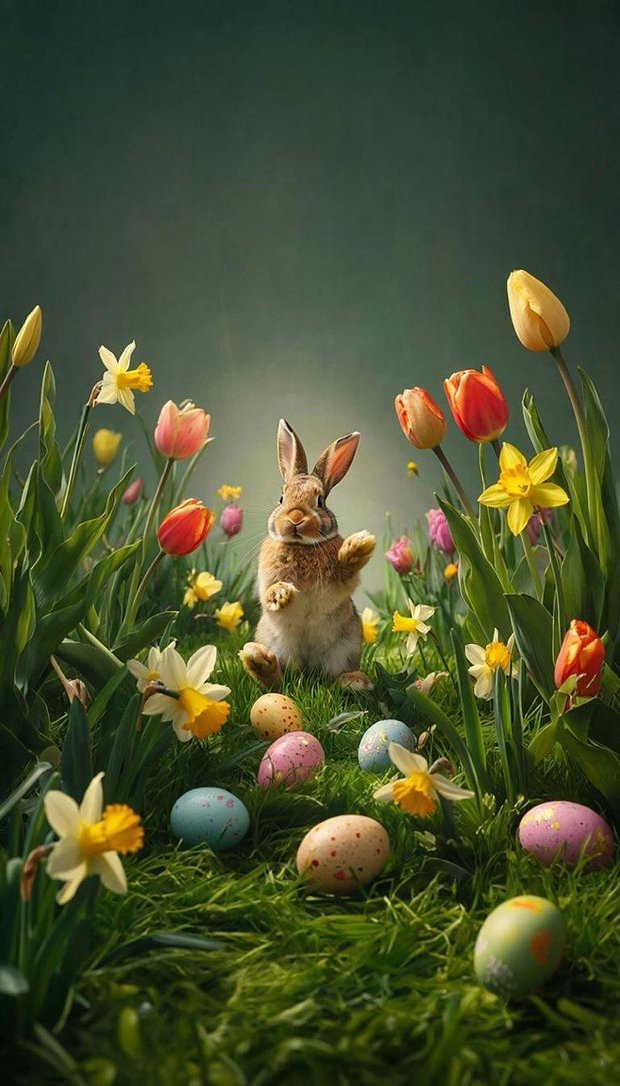 Праздничные вертикальные обои на телефон с пасхальным кроликом
