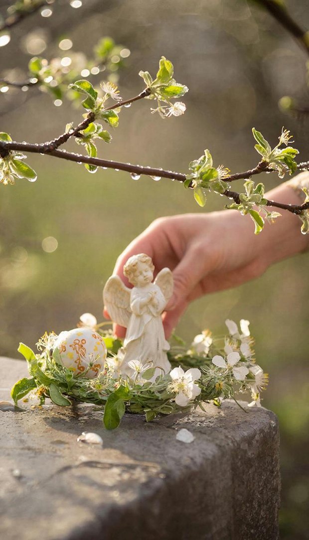 Обои для телефона, Пасха, яблоня, фигура ангелочка