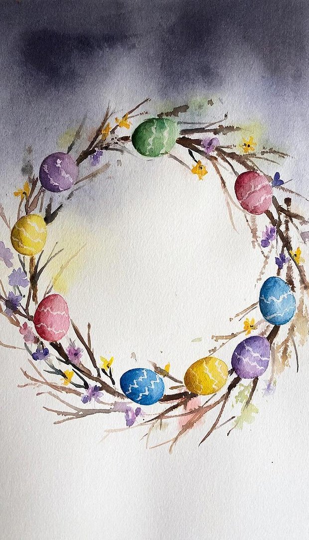 Акварельная композиция на Пасху, венок с вербами и пасхальными яйцами, вертикальные обои для телефона