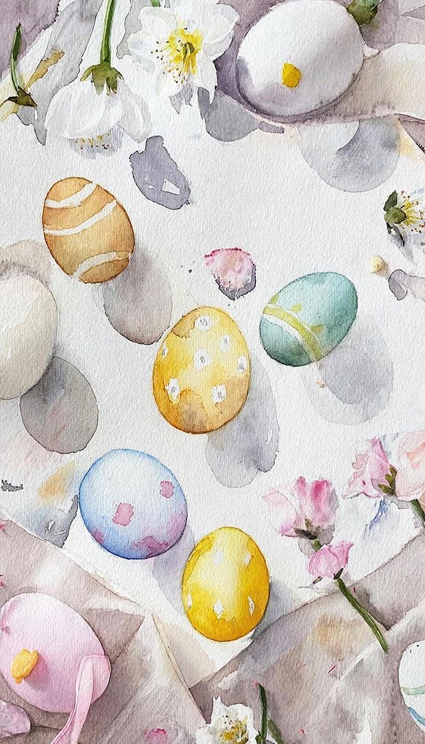 Акварельный рисунок с пасхальными яйцами, обои на телефон